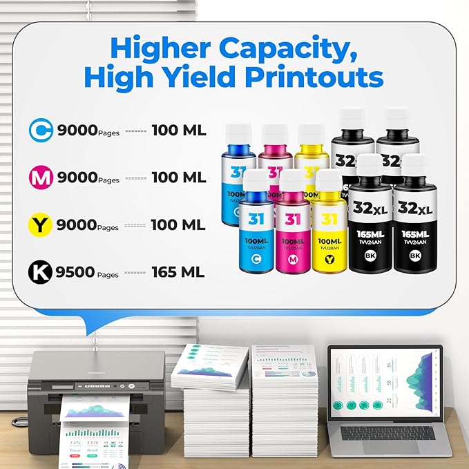 31 32XL Ink Bottle Set for Smart Tank Ink 5101 7602 5000 5103 651 6001 7301 7001 Compatible with HP 31 32XL Ink Bottle Set for Smart Tank 5000 5101 7602 7301 7001 5102 7002 7006 551 Printers, 10 Packs-DeskLoop Office