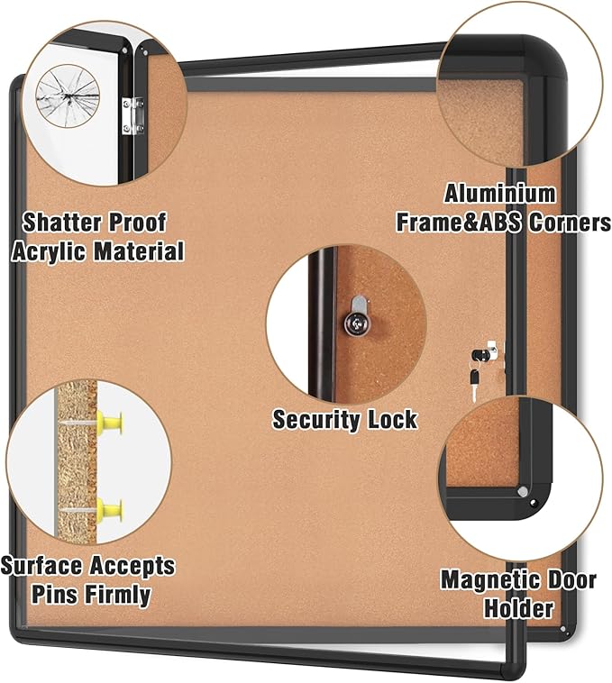38"x38" Enclosed Bulletin Board, Lockable Weather-Resistant Aluminum Cork Noticeboard for School & Office Hospital, Black Frame w/Cork-DeskLoop Office