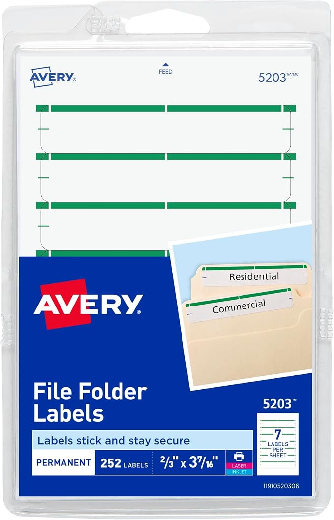 Avery File Folder Labels on 4" x 6" Sheets, Easy Peel, Print or Write, 2/3" x by Avery