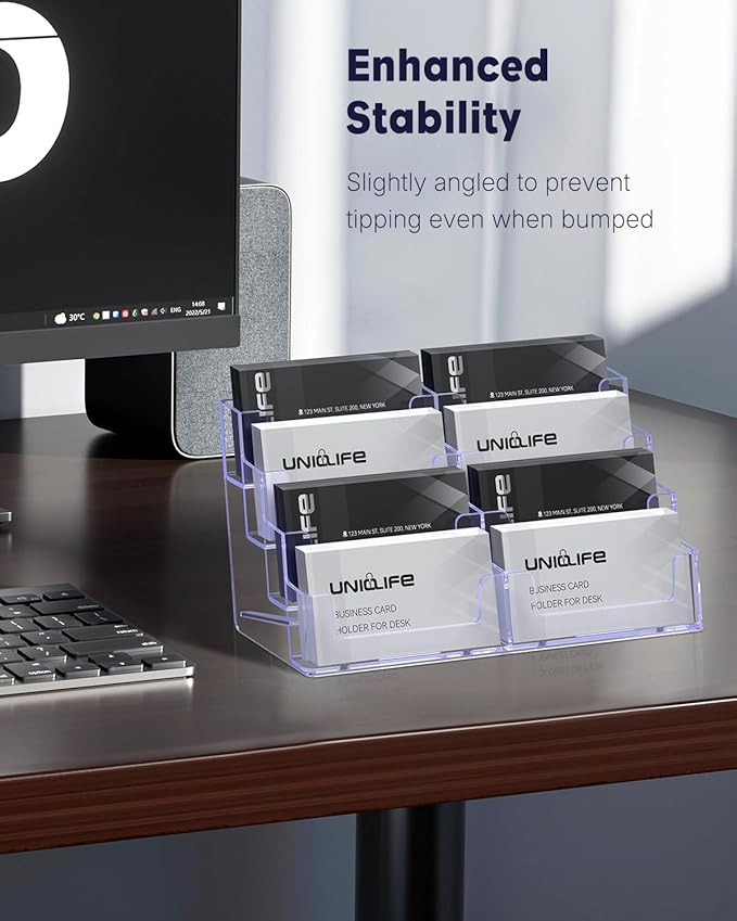 Uniclife 4 Pack Acrylic Business Card Holder for Desk 8 Slots Clear Business Card Display Stand for Men & Women Desktop Business Card Organizer Card Stand for Office Home Exhibition, 480 Card Capacity-DeskLoop Office