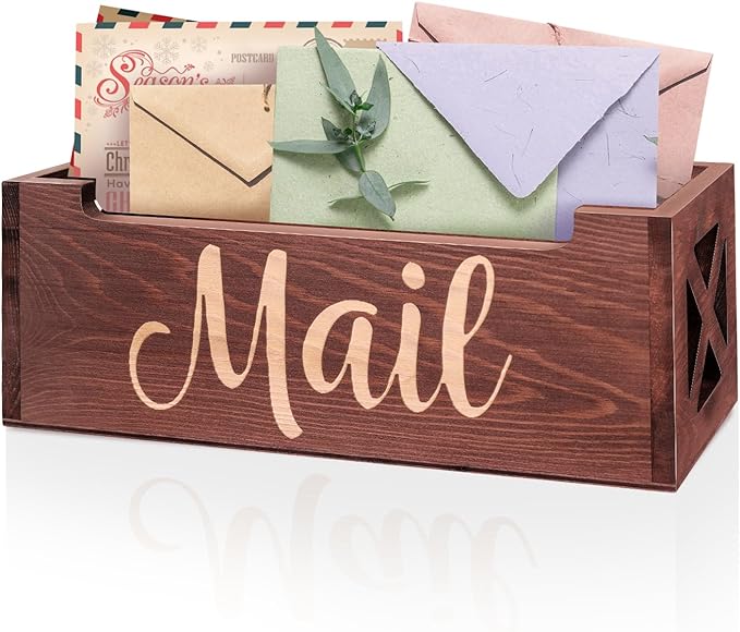 Wooden Mail Organizer Mail Holder Countertop, Farmhouse Brown Mail Tray Mail by Botop