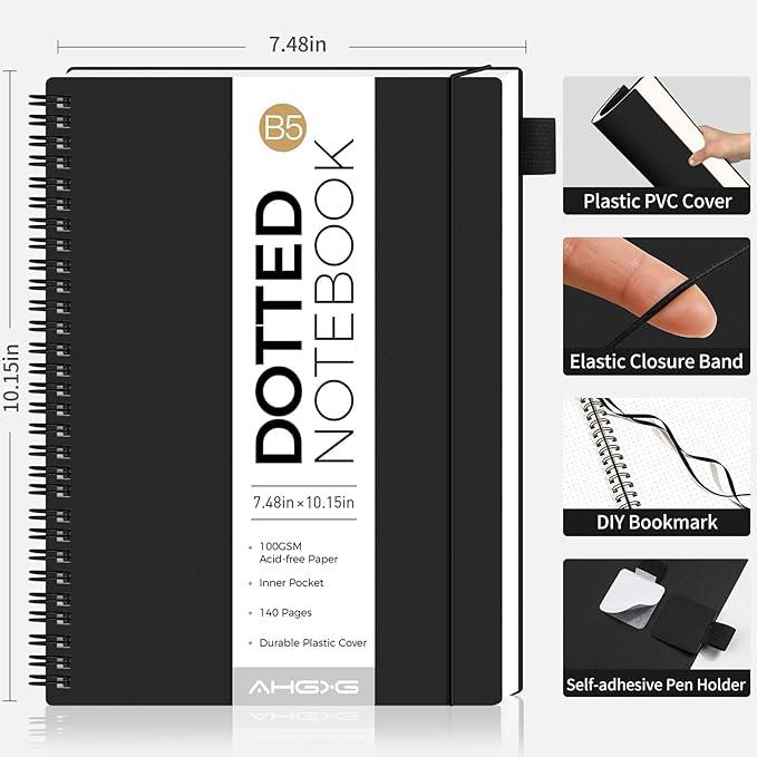 AHGXG Bullet Dotted Journal - Dot Grid Spiral Notebook B5, 140 Pages, 100 GSM Thick Paper, Waterproof Plastic Cover Journals for Bullet Journaling, Sketching, 7.6" x 10", Black-DeskLoop Office