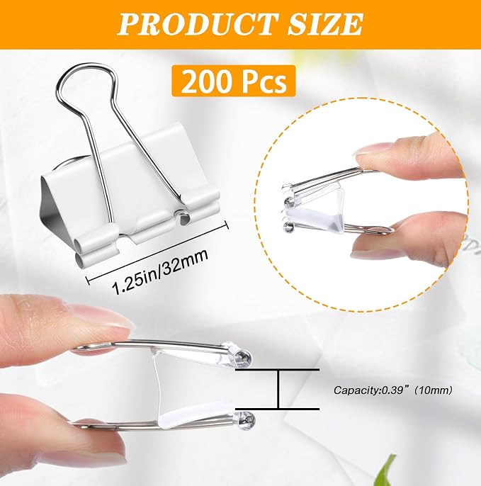 Jetec 200 Pack 1.25in/32mm White Metal Binder Clips Bulk Medium Reusable Fold - Image 2