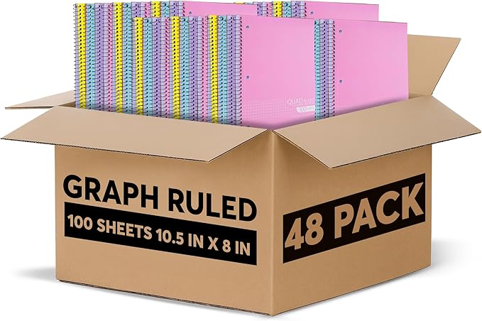 Graph Paper Spiral Notebook - Graph Paper Notebook, Quad Ruled Grid Notebooks, Perforated Pages - 10.5 X 8 Inches - 1 Subject Wirebound Notebook - Assorted Colors - 100 Sheets per Book - (Bulk - 48 Pack)-DeskLoop Office