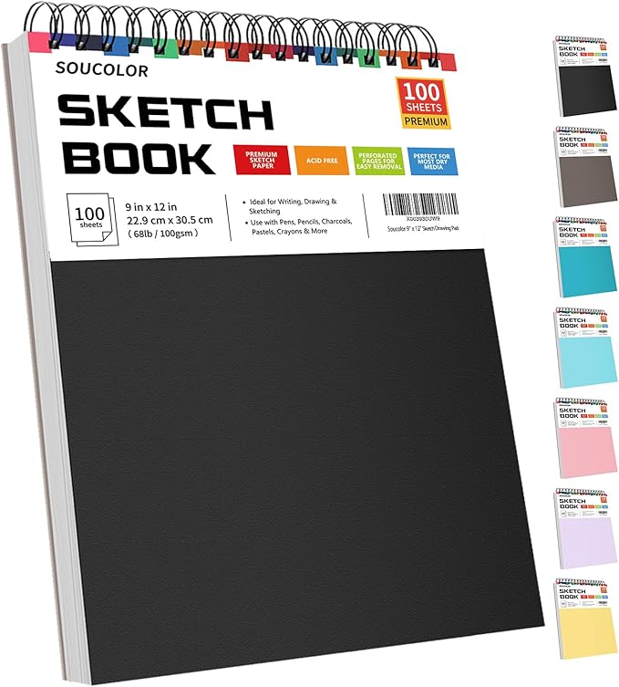 Soucolor 9" x 12" Sketch Book, 1-Pack 100 Sheets Spiral Bound Art Sketchbook, (68lb/100gsm) Acid Free Artist Drawing Book Paper Painting Drawing Writing Sketching Pad for Kids Adult Teens Girls Boys-DeskLoop Office