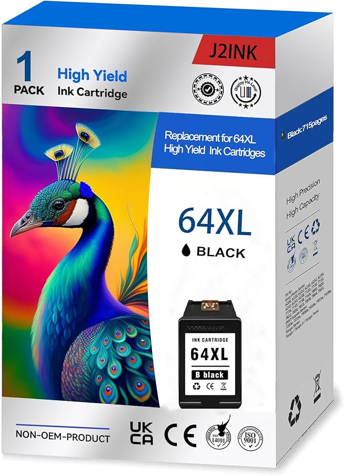 Printer Ink 64XL 64 Black 7800 Tango Ink Cartridge for HP Ink 64 XL 64XL Black Ink Cartridge for HP64 Printers for HP64xl HP64xlblk 64xlblk Envy Photo 6220 6230 6252 7120 7155 7855 7858 | Tango X Tan-DeskLoop Office