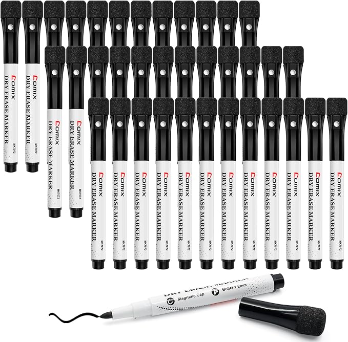 Comix Magnetic Dry Erase Markers, Fine Tip Black Whiteboard Markers by Comix