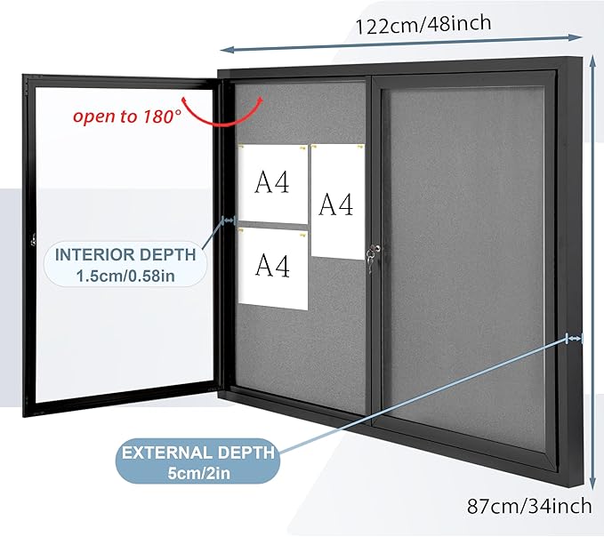 Enclosed Bulletin Board Outdoor Noticeboard with Locking Door, Weather-Resistant, Grey Felt, Black Aluminum Frame, 48 x 34 in-DeskLoop Office