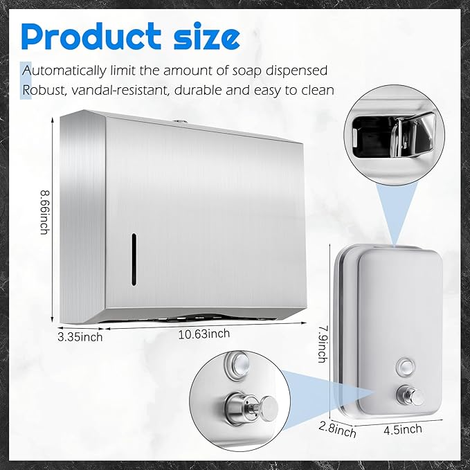 2 Pcs Commercial Soap Dispenser and Paper Towel Dispenser Set with Lock-Stainless Steel,Wall Mount,Large Capacity Manual Liquid Pump Rust Proof Leak Free for Home Bathroom (500 ml,Style 2)-DeskLoop Office