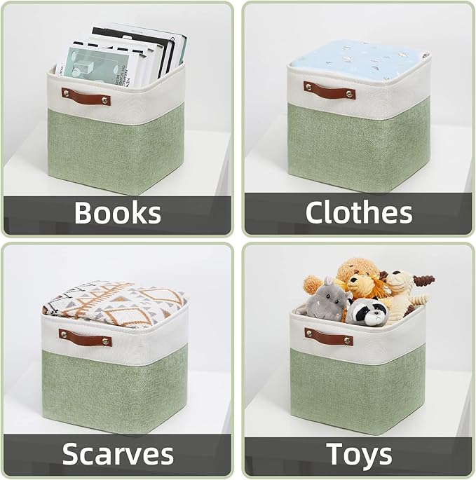 DULLEMELO Storage Baskets for Organizing, Fabric Storage Cubes for Dog Toy Box, 11 Inch Decorative Cube Storage Bins with handle for Baby Gift Basket(4 Pack - 11" White&Green)-DeskLoop Office