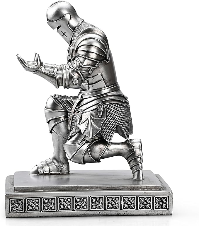 Medieval Armored Warrior Knight Pen Holder Desk Organizers and Accessories Resin Pencil Holder Paperweight as Gift with a Cool Letter Opener for Desk (Silver)-DeskLoop Office