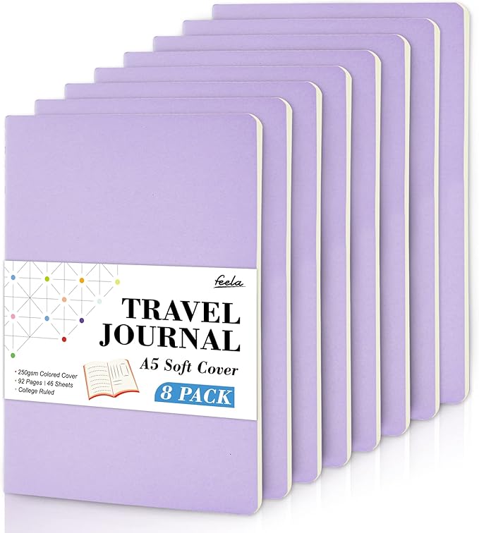 feela 8 Pack Soft Cover Journal Bulk, Notebooks College Ruled for Work, Lined Travel Journal for Women Men, Note Taking Notebook School Supplies Business Writing, 8.2” x 5.5”, A5, Light Purple-DeskLoop Office
