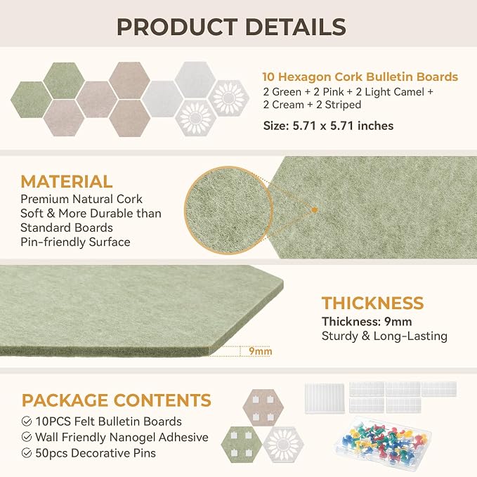 10 Pack Hexagon Felt Bulletin Board Tiles, 9mm Thick Pin Board - Image 3