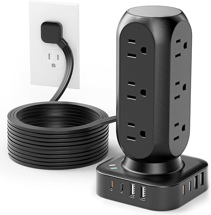 Dual PD 20W Power Strip Tower, TenTrend Surge Protector Power Strip with 12 AC Outlets & 8 USB Ports (4 USB C), 40W Desk Fast Charging Station, 10FT Flat Plug Extension Cord for Desk Office Dorm Room-DeskLoop Office