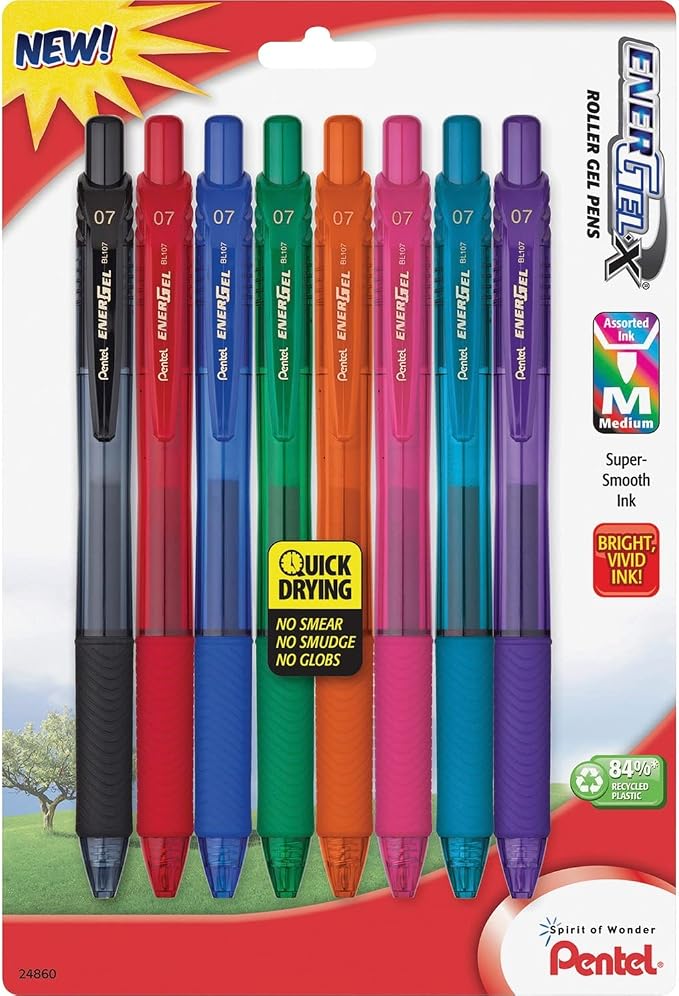 Pentel EnerGel-X Colors Retractable Liquid Gel Pen, Metal Tip, 8 Pack by PentelofAmerica