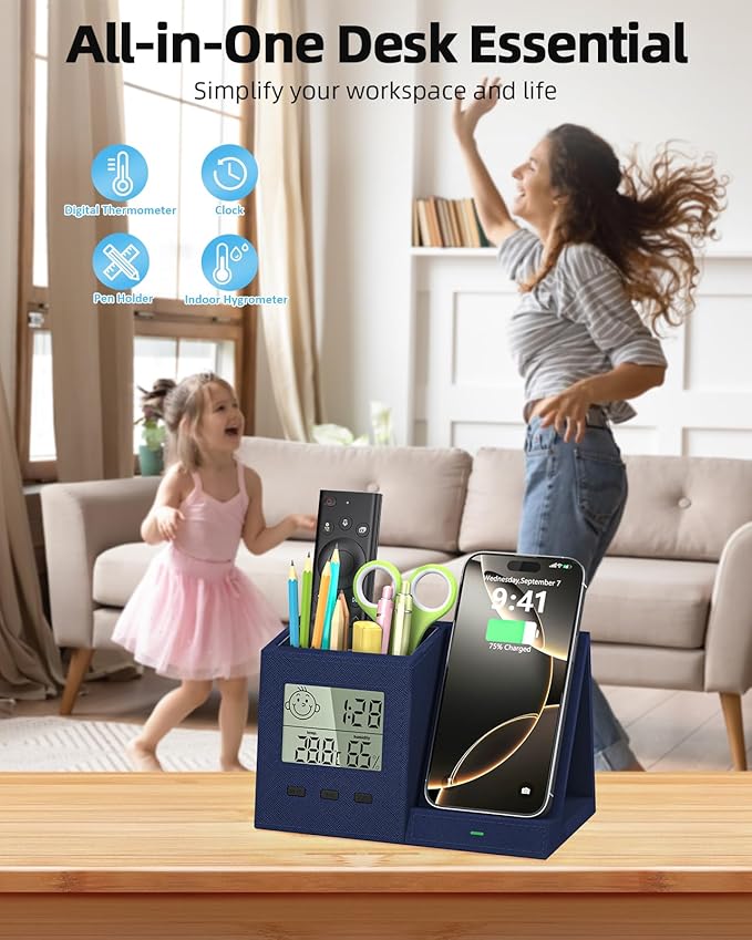 3-in-1 Wireless Charger with Pen Holder, Desk Clocks with Temperature and Humidity, Compatible with iPhone 16/15/14/13/12/11/8Series, Pencil Holder for Desk Home Office, Men Gift Idea Gadget, Blue-DeskLoop Office