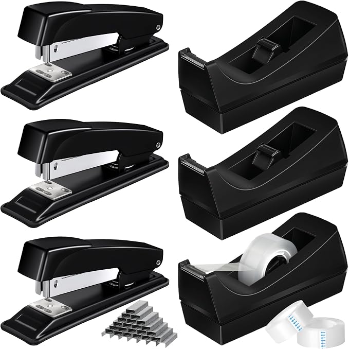 Thenshop 6 Pcs Desk Staplers Tape Dispensers Sets Black Staplers by Thenshop