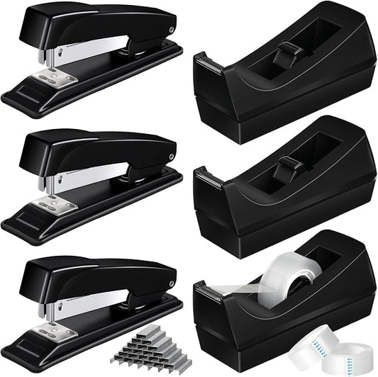 Thenshop 6 Pcs Desk Staplers Tape Dispensers Sets Black Staplers by Thenshop
