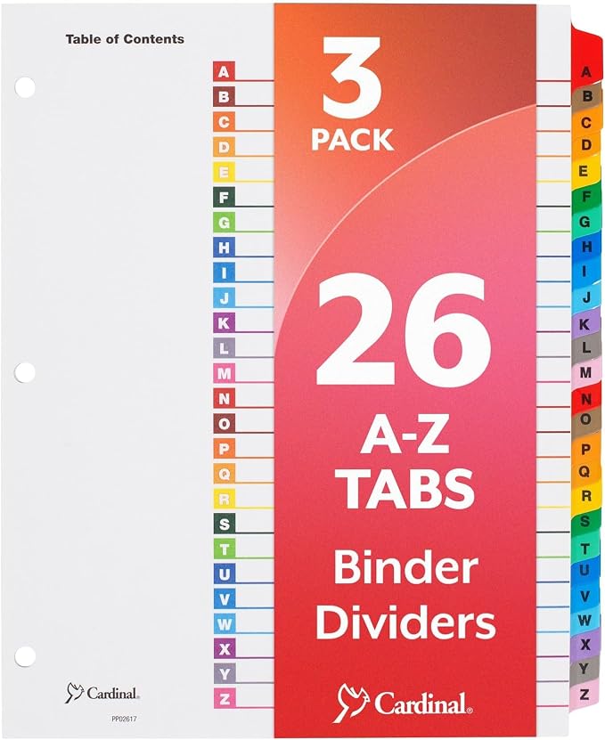 Cardinal Binder Dividers, A-Z Tabs, Customizable Table of Contents Page by TOPSProducts