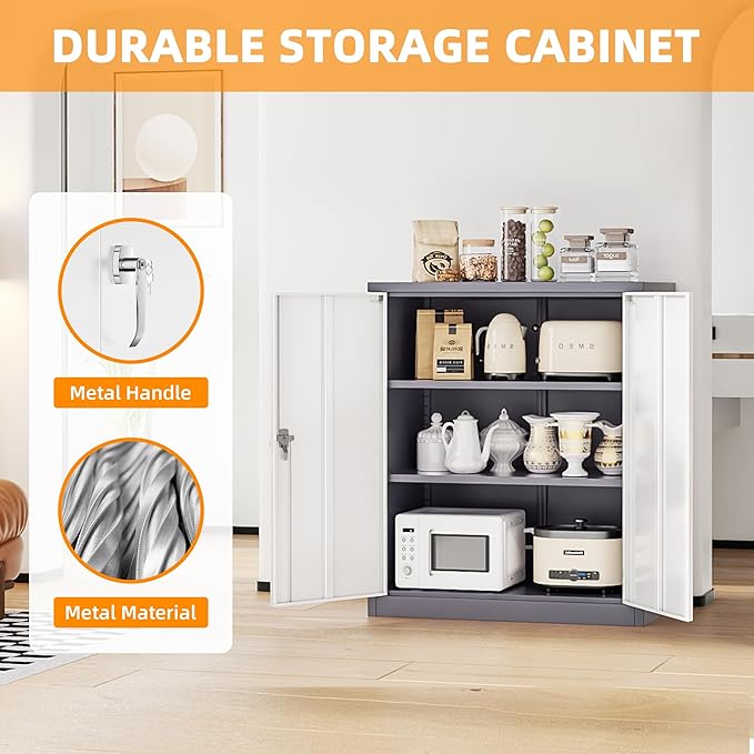 INTERGREAT Metal Cabinet with Lock, Lockable Metal Storage Cabinets with Doors and Shelves for Garage, Grey White Locking Garage Storage Cabinets 36"×32"×16"-DeskLoop Office