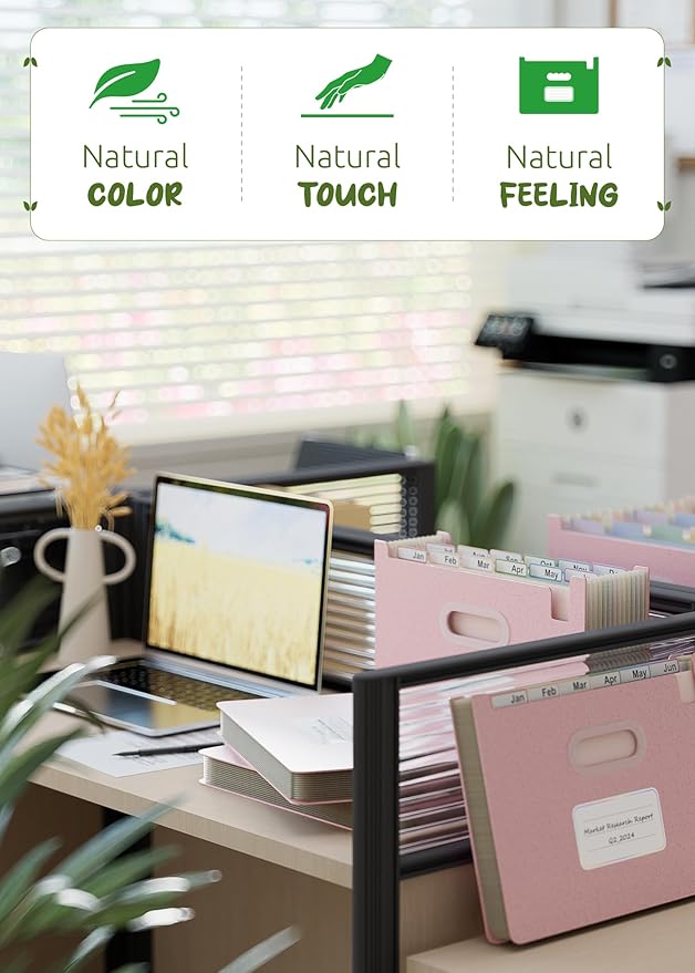 Accordion File Organizer, 12 Pockets Wheat Straw Expanding File Folders, Upright&Open Top, Monthly Bill Receipt Organizer, 100%BPA Free, Return to Nature, Healthy Living,Letter/A4 Size-Strawberry Pink-DeskLoop Office