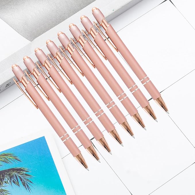 PASISIBICK 8 Pack Rose Gold Ballpoint Pen 2-in-1 Stylus Retractable Metal Stylus Pen for Touch Screens with Stylus tip, 1.0 mm Black Ink（8 PCS Rose Gold）-DeskLoop Office