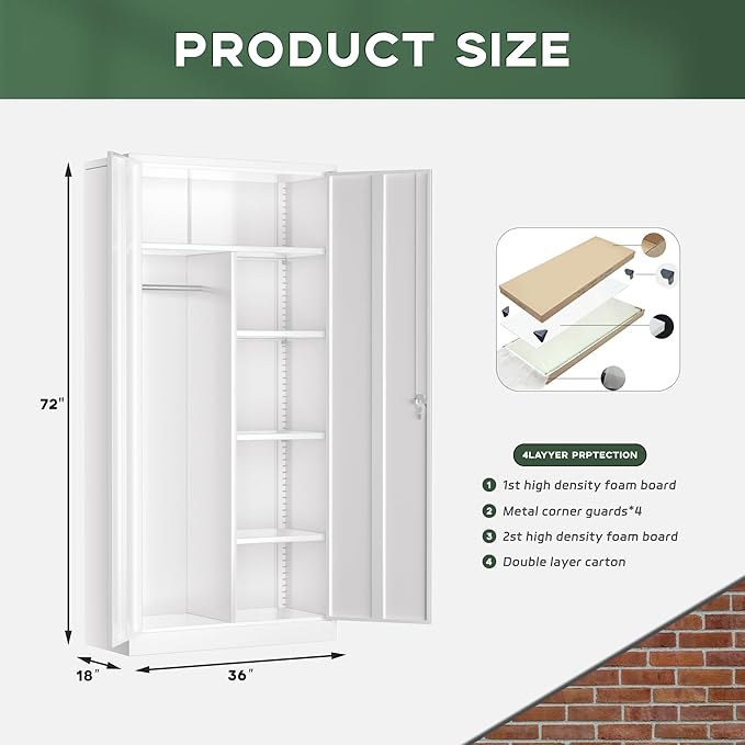 Greenvelly Metal Wardrobe Cabinet with Locking Doors, 72" H x 36" W White Metal Wardrobe Closet Cabinet with Hanging Rods and Adjustable Shelves, Steel Storage Closet for Home, Office, Employee, Gym-DeskLoop Office