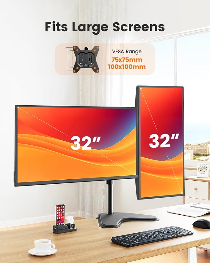 ErGear Freestanding Dual Monitor Stand for 2 Screens up to 32 inch, Heavy Duty Monitor Mount Holds Max 22 lbs per Arm, Height Adjustable Computer Monitor Stand for Desk, VESA 75x75/ 100x100mm, Black-DeskLoop Office