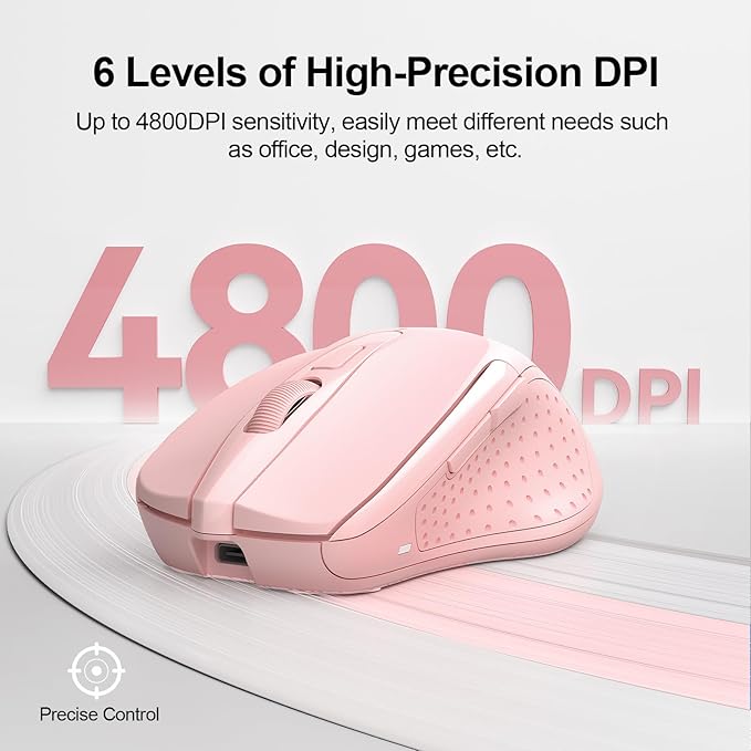 TECKNET Wireless Mouse (BT5.0/3.0 & 2.4G) Rechargeable 4800 DPI Silent USB A & Bluetooth Mouse 6 Buttons, Wide Compatibility - Pink-DeskLoop Office