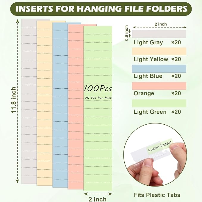 100 Pcs Hanging File Folder Tab Inserts 2 Inch Colored Blank File Tab Hanging - Image 2