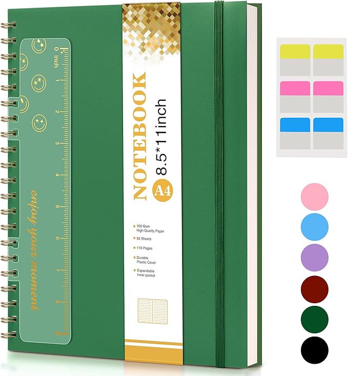 Spiral Notebook Journal 8.5” x 11”, A4 Large Notebooks for Women Men, College Ruled Lined Journal, 100 GSM Paper, Hardcover Spiral Bound Journals for Work School Writing Note Taking Business, Green-DeskLoop Office