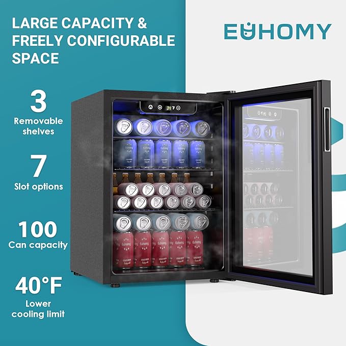 EUHOMY 100 Can Beverage Refrigerator cooler-Mini Fridge Glass Door for Beer Drinks Wines, Freestanding Beverage Fridge with Adjustable Shelves Blue LED for Home/Office/Dorm/Bar, 2.7 cu.ft-DeskLoop Office