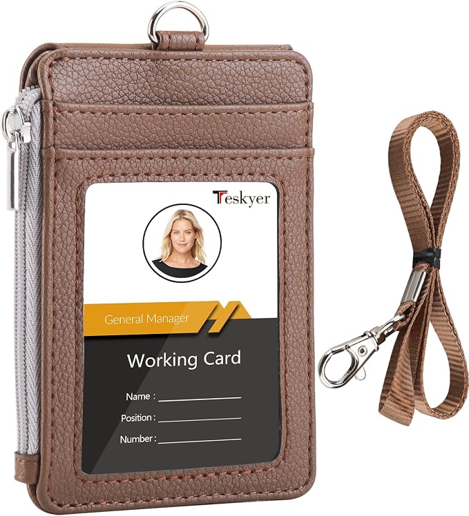 Teskyer ID Badge Holder with Lanyard, Lanyard Wallet, Lychee Coffee | 4-Card by TESKYER
