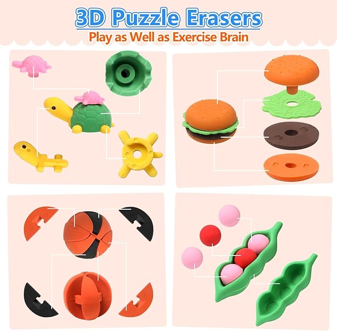 HINZER 100 Pack Animal Erasers for Kids Bulk Pull Apart 3D Puzzle Erasers Classroom Rewards and Prizes Class Treasure Box Kids Party Favors Back to School Supplies-DeskLoop Office
