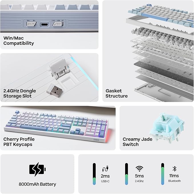 EPOMAKER TH108 Full Size Mechanical Keyboard, Wireless Gaming Keyboard with 8000mAh Battery, Creamy Gasket, 108 Keys, Hot Swap, Custom Driver, RGB Backlight (Blue&White, Creamy Jade)-DeskLoop Office