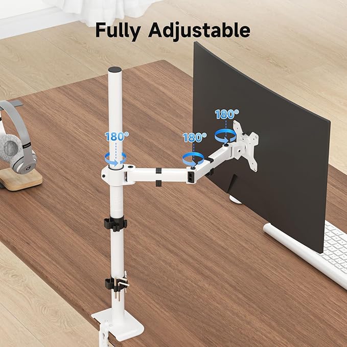 Suptek Single Monitor Arm Desk Mount Fully Adjustable Monitor Stand for 1 / One Screen up to 32 inch Extra Tall 31.5 inch Pole,White (MD6821W)-DeskLoop Office