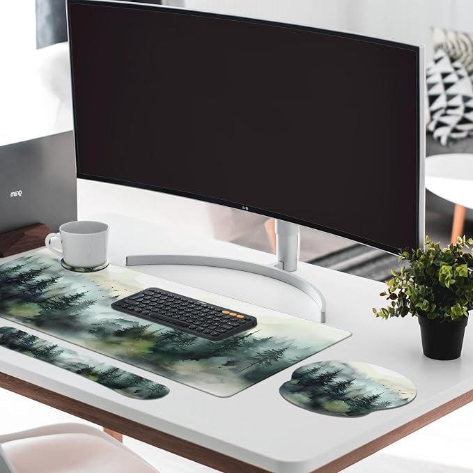 Britimes Green Ink Style Mountain Forest Keyboard Mouse Pad Set 4in1 Large - Image 7