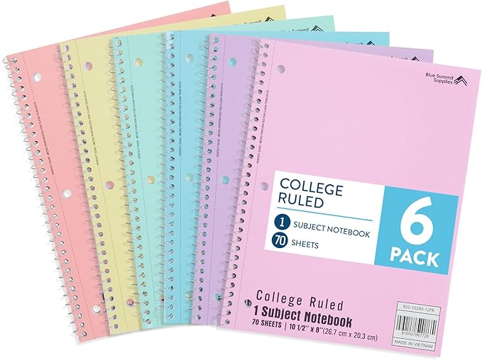 Blue Summit Pastel Spiral Notebook College Ruled, One Subject School Notebooks Spiral, Perforated Notebooks Bulk, 8 x 10.5 School Book, Paper, College Ruled, 6 Pack-DeskLoop Office