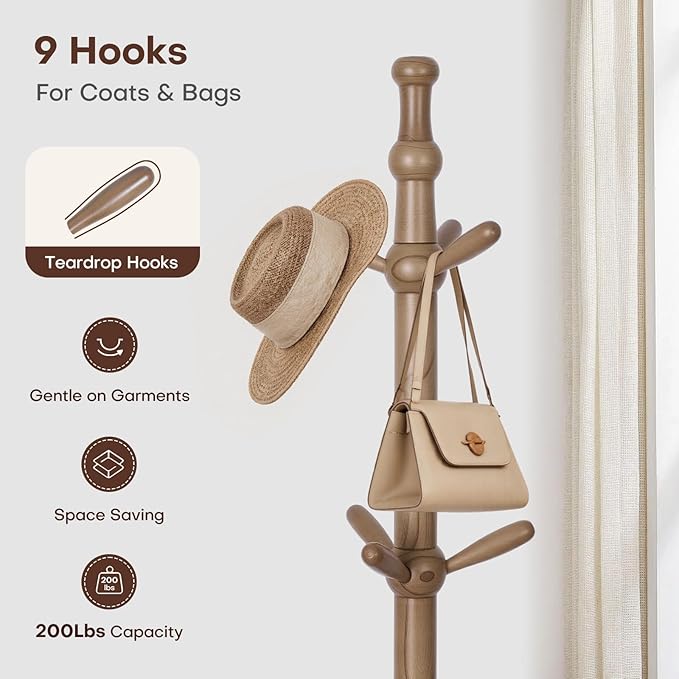 Wooden Coat Rack Stand - Coat Rack Freestanding with 9 Hooks, Adjustable Height, Clothes Hat Organizer, Heavy Duty Coat Hanger Stand for Bedroom, Entryway, Hallway, Office, Dorm, Walnut-DeskLoop Office