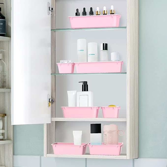 WOWBOX 25 PCS Plastic Drawer Organizer Set, 4 Sizes Desk Drawer Divider Organizers and Storage Bins for Makeup, Jewelry, Gadgets for Kitchen, Bedroom, Bathroom, Office, Pink-DeskLoop Office