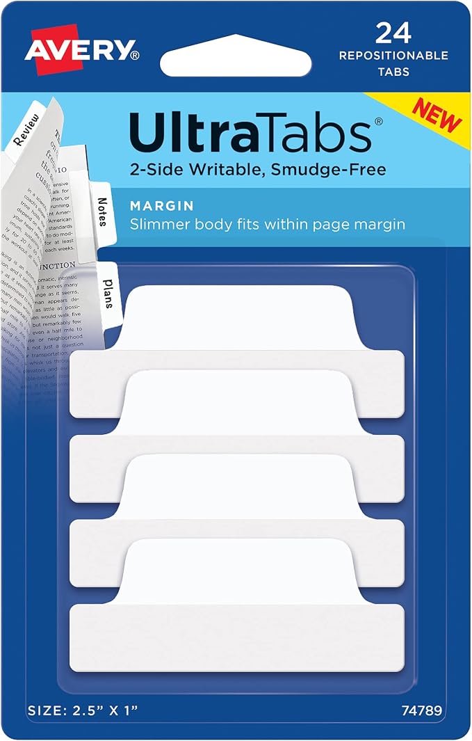 Avery Margin Ultra Tabs, 2.5" x 1", 2-Side Writable, 24 Repositionable Page Tabs by Avery