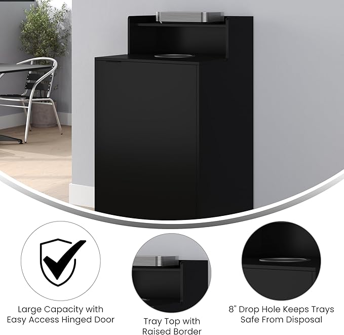 Flash Furniture Dell Trash Can Enclosure with Tray Shelf and 8" Drop Hole, Commercial Grade Trash Receptacle for 32 Gallon Round Cans, Swing Door Access, Black-DeskLoop Office