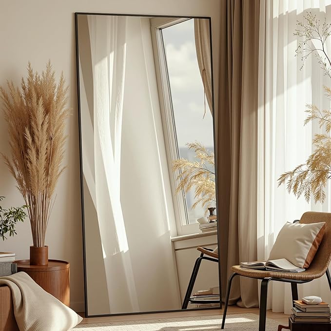 Full Length Mirror, 71"x32" Oversized Floor Mirror Freestanding, Full Body Mirror Floor Standing Mirrors with Stand, Hanging Mounted Mirrors for Bedroom Living Room, Black, Rect Style-DeskLoop Office