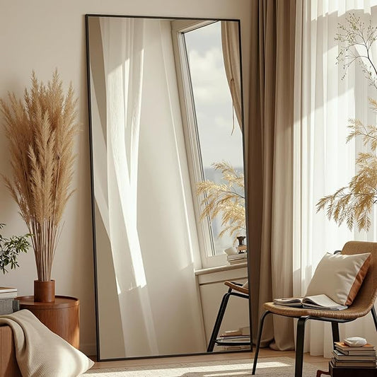 Full Length Mirror, 71"x32" Oversized Floor Mirror Freestanding, Full Body Mirror Floor Standing Mirrors with Stand, Hanging Mounted Mirrors for Bedroom Living Room, Black, Rect Style-DeskLoop Office