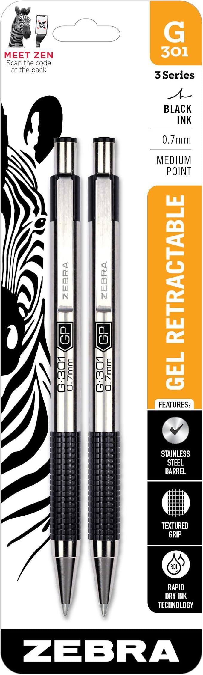 Zebra Pen G-301 Retractable Gel Pen, 0.7mm Medium Point, Stainless Steel Barrel by ZebraPen