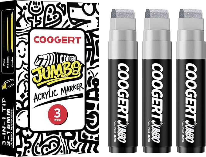 Coogert 3Pcs Silver Jumbo Poster Markers, 15MM Thick Permanent Acrylic Graffiti by CoogertPaintPens