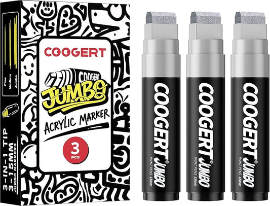 Coogert 3Pcs Silver Jumbo Poster Markers, 15MM Thick Permanent Acrylic Graffiti by CoogertPaintPens