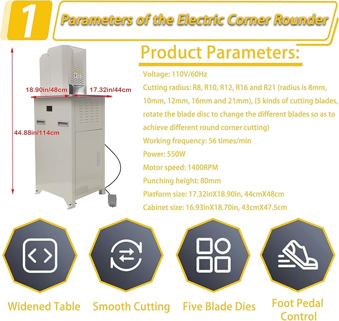 Electric Round Corner Cutter Machine with 5 Blades (8/10/12/16/21mm Radius) Foot Pedal Operation Safety Guard Heavy Duty Paper Corner Rounder for Paper Cardstock Leather Plastic-DeskLoop Office