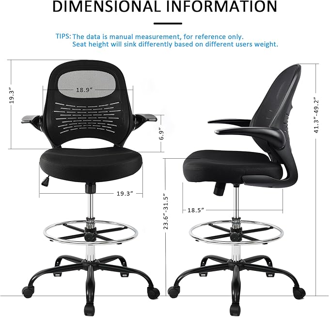 HYLONE Drafting Chair Tall Office Chair with Flip-Up Armrests Ergonomic Computer Chair with Lumbar Support Adjustable Footrest Ring Mesh Standing Desk Chair (Black)-DeskLoop Office