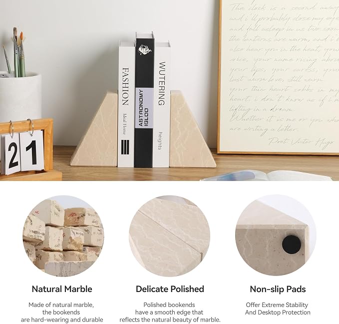 Marble Bookends for Heavy Books, Decorative Book Ends for Shelves, Durable and - Image 2